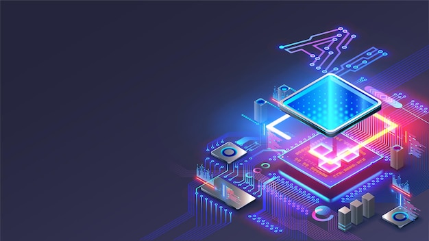 Vector processor with integration ai ai letters on chip cpu connected to motherboard artificial intelligence technology in electronic chip on pcb board hardware tech conceptual background 3d vector