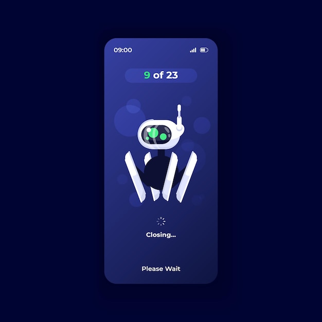 Vector productivity boosting application smartphone interface vector template. mobile app page dark theme design layout. running programs closing process screen. flat ui for application. phone display