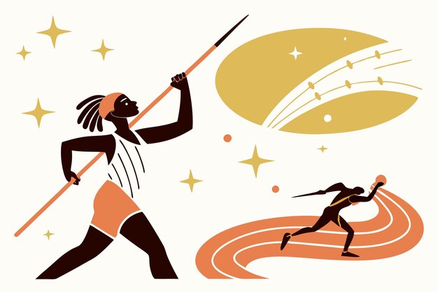Vector professional athlete throws javelin sportswoman prepares swings to toss dart spear sportsman training track and field sport dynamic motion flat illustration art on white background