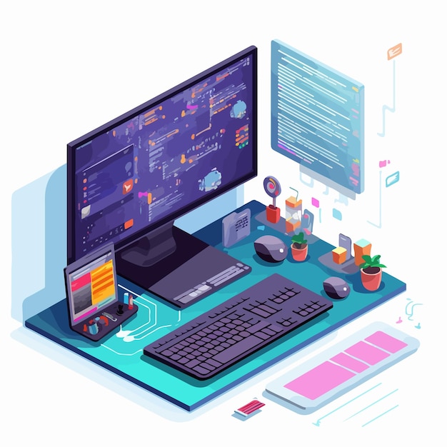 Vector professional computer programming workspace concept with display keyboard mouse and mouse pad