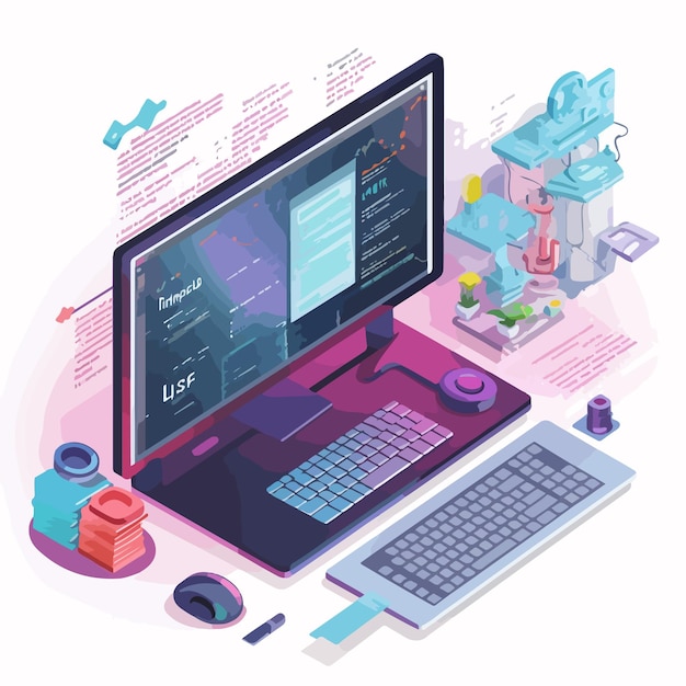 Vector professional computer programming workspace concept with display keyboard mouse and mouse pad