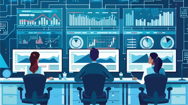 Vector professional data analysts team working on analytics computer audit report