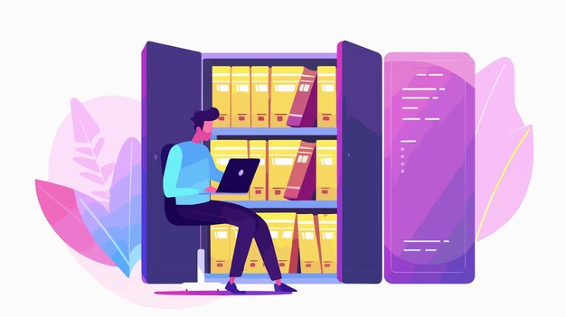 Vector professional man searching for files in office environment