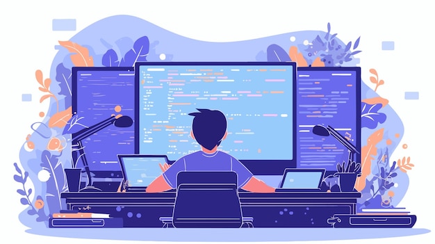Vector professional programmer desktop with computer screen and code programming on monitor
