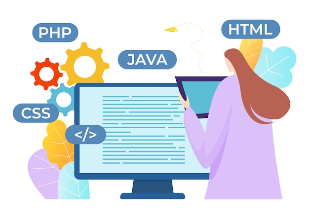 Vector professional programmer woman character development software programming language flat vector