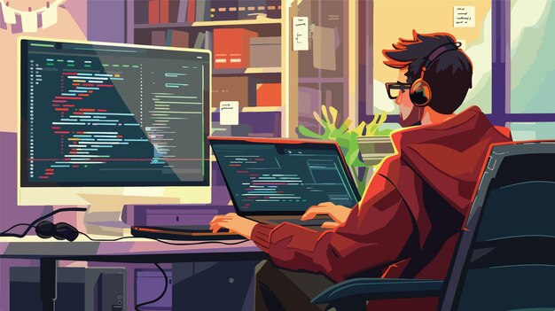 Vector professional programmer writing software code for development program technology