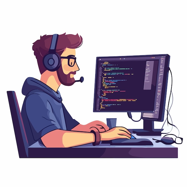 Vector professional software developer coding with multiple computer languages