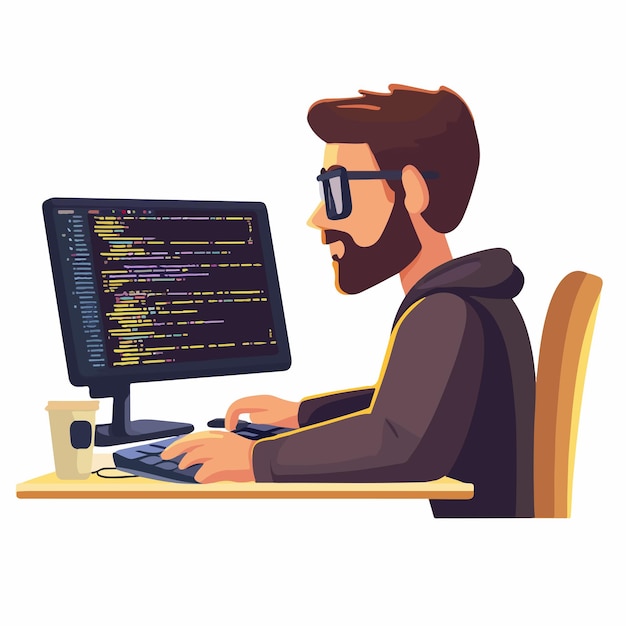 Vector professional software developer coding with multiple computer languages