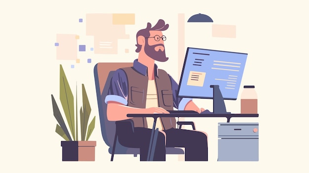 Vector professional software developer optimizing code with programmer or engineer in office setting