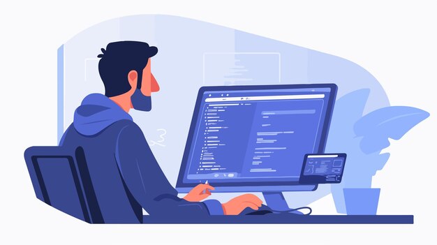 Vector professional software developer optimizing code with programmer or engineer in office setting