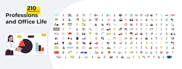 Vector professions and office life cartoon flat illustrations mega bundle