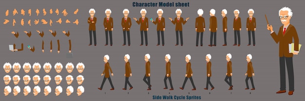 Vector professor character model sheet with walk cycle animation sequence