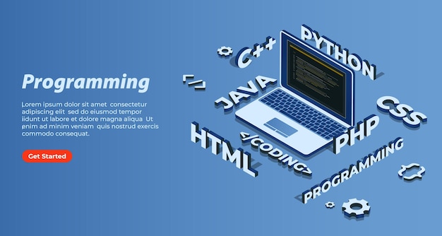 Vector program code on 3d isometric laptop screen, 3d text of multiple programming languages signs