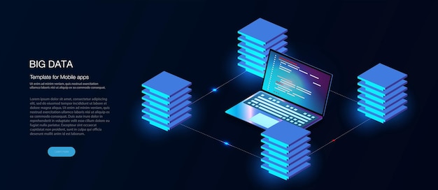 Vector program development and programming isometric icon, database, cloud computing,laptop connection concept. big data digital background.network digital technology concept.big data flow processing concept