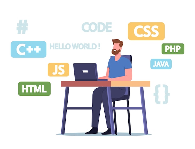 Vector programmer character work on laptop developing programming languages, websites or software. online studying, distant education, coding and computing occupation. cartoon people vector illustration