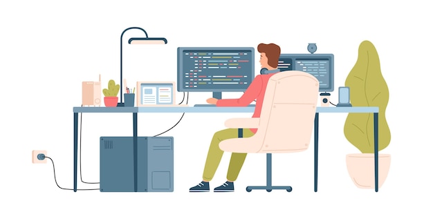 Vector programmer, coder, web developer or software engineer sitting at desk and working on computer