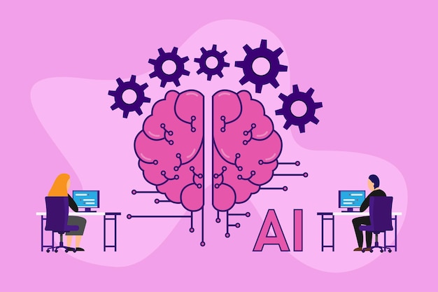 Vector programmer coding creating digital brain with neural network 2d vector