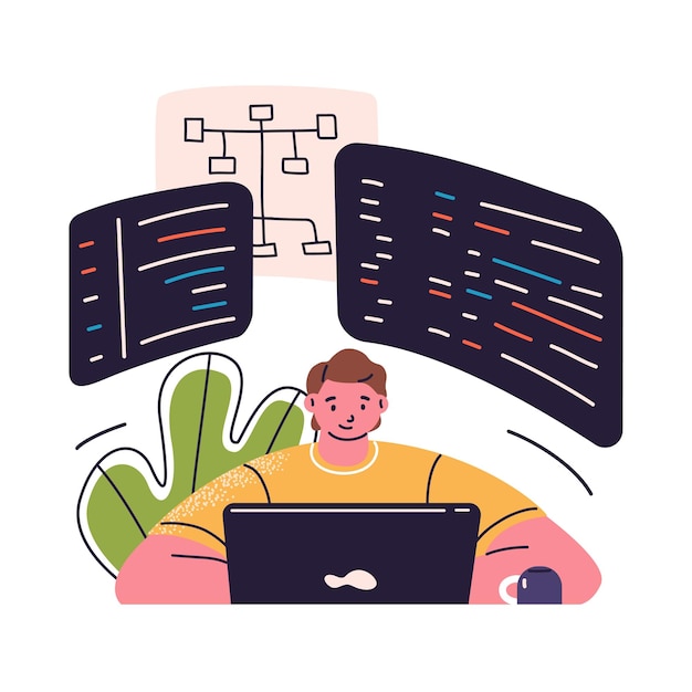 Vector programmer coding at laptop software developer work with business project structures and systems analyzing data program development concept flat vector illustration isolated on white background