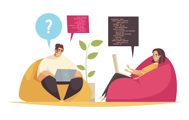 Vector programmer composition with doodle style characters of programmers working with laptops on soft chairs vector illustration