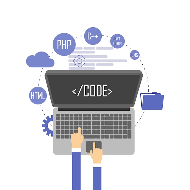 Vector programmer at computer desk working on program illustration