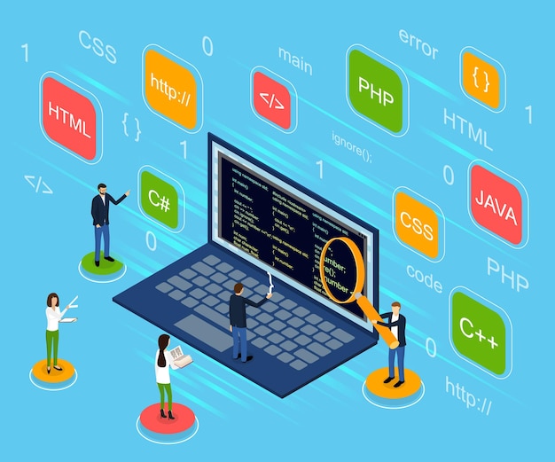 Vector programmer and engineering concept 3d isometric view include of programmer computer developer software and code elements vector illustration