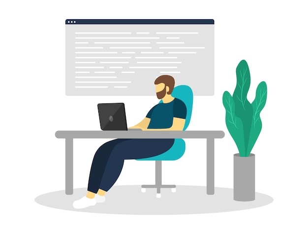 Vector programmer is working on a laptop. programming. software development. coding.  illustration.