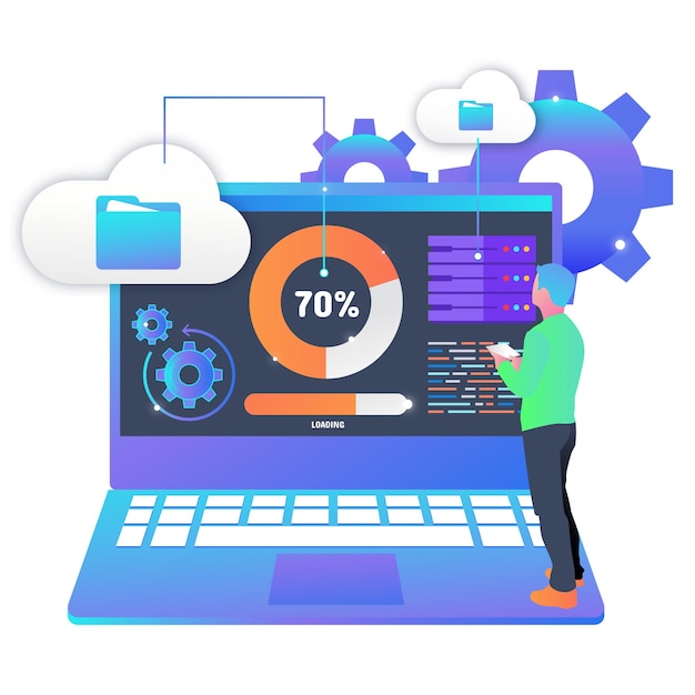 Vector a programmer is working with cloud computing perfect use for landing page