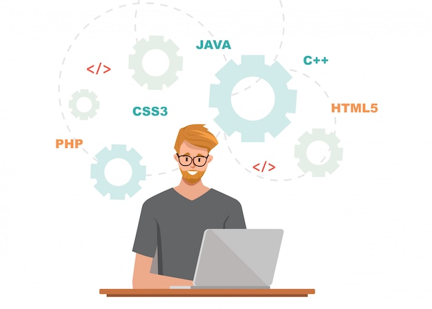 Vector programmer job character with a laptop. development application with coding process.