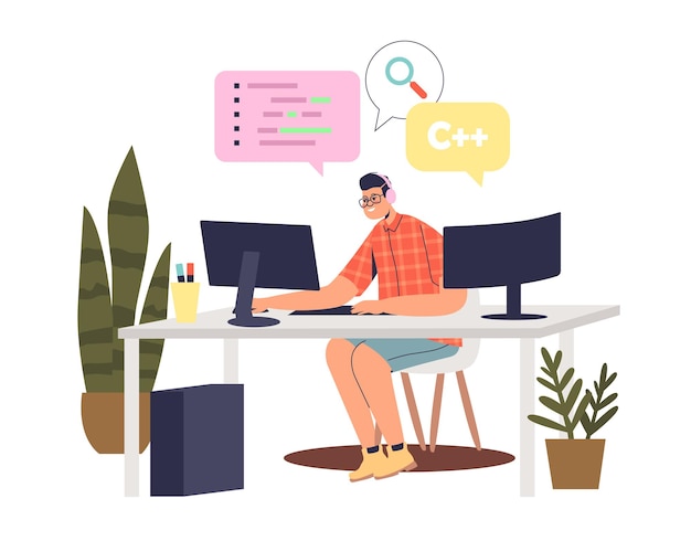 Vector programmer man coding on computer