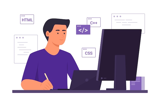 Vector programmer man process coding with laptop computer for software development concept illustration