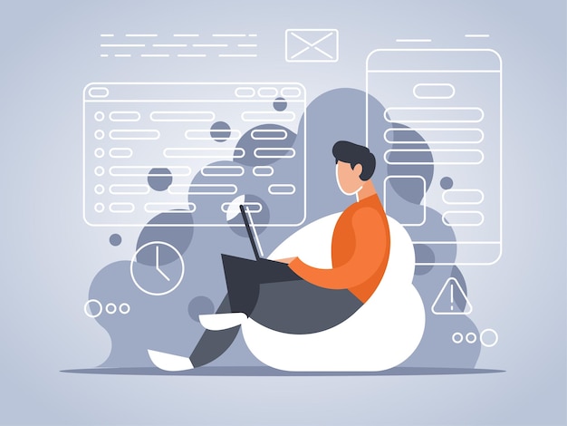 Vector programmer sitting in a bean bag chair with a laptop coder writes a program vector illustration
