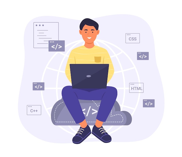 Vector programmer sitting on cloud computing symbol and process coding for software development concept
