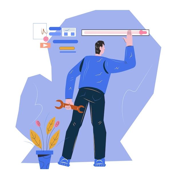 Vector programmer or software web developer fixing a site flat vector illustration
