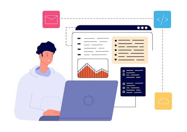 Vector programmer at work design with computer overworked developer testing programme executive businessman internet app engineering utter vector concept