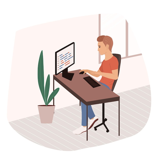 Vector programmer at work on web development on a computer the concept of coding and programming scripts software developer