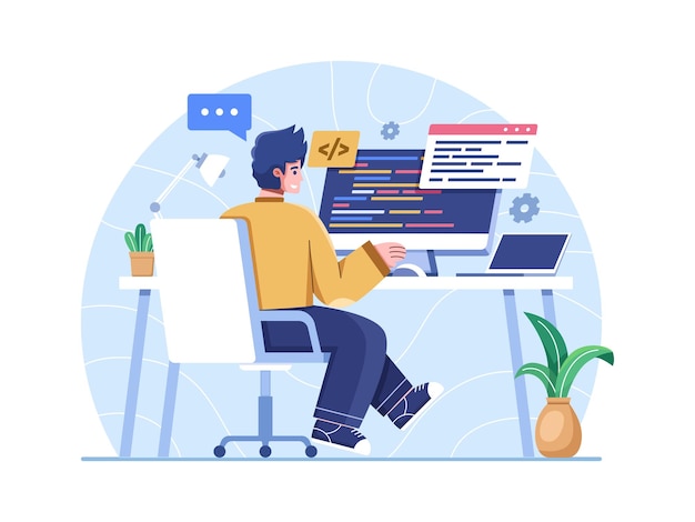 Vector programmer work with code to develop an application or website on a computer. freelance writing code