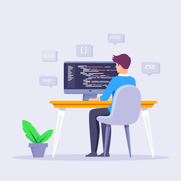 Vector programmer working on computer coders or programmers writing program landing page for web it courses with html and c
