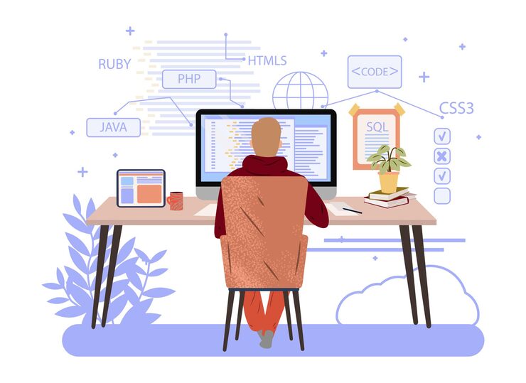 Programmer working on computer engineering or coding website php python javascript vector concept