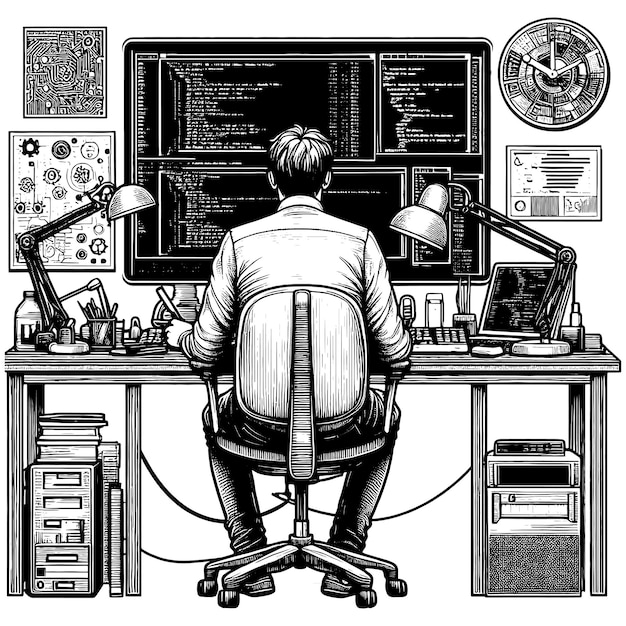 Vector programmer working on computer hardware with code on screen black and white vector generative ai