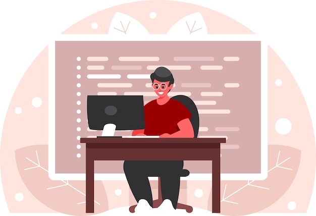 Vector programmer working at computer man in the workplace working at pc display screen with program code