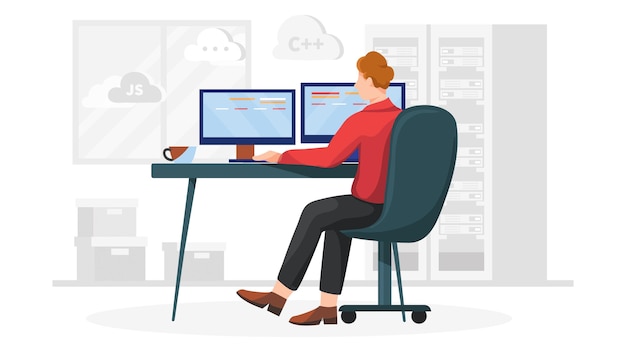 Vector programmer working on computer with cloud and server in the background