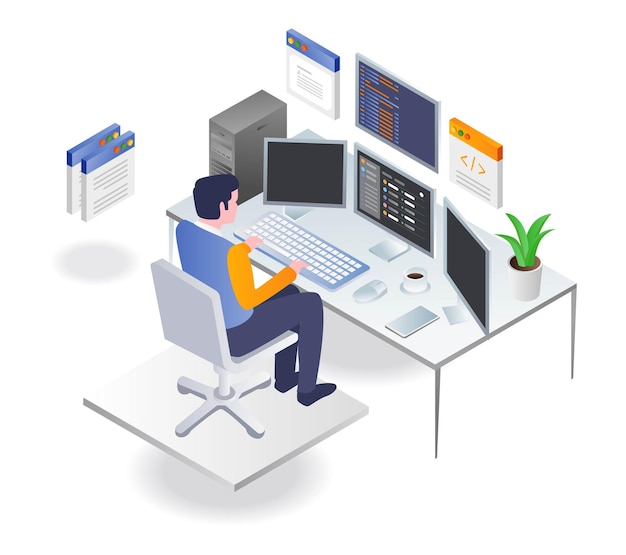 Vector programmer working on computer with lots of data