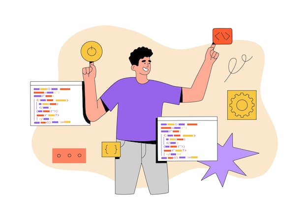 Vector programmer working on web development on virtual computer screen. software engineering and script coding concept. hand drawn vector illustration isolated on light background. flat cartoon style.