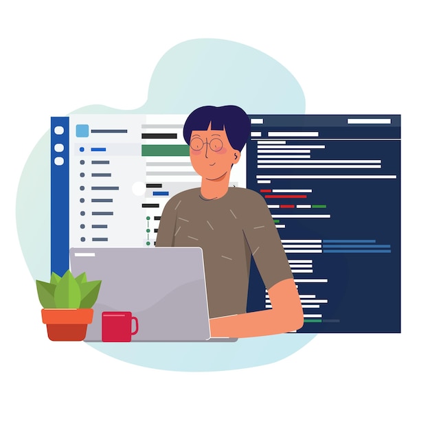 Vector programmer working writing code on laptop with line of code programming language on screen web developer using version control repository