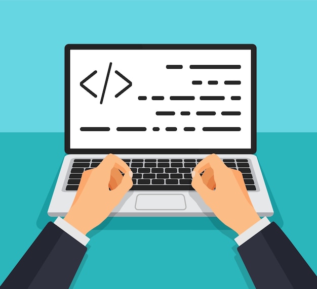 Vector programmer working writing code. man typing on the keyboard with code on the screen. web developer, design, programming. coding concept.