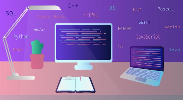 programmer workplace with coding in computer and laptop, lamp, cactus and notebook nearby