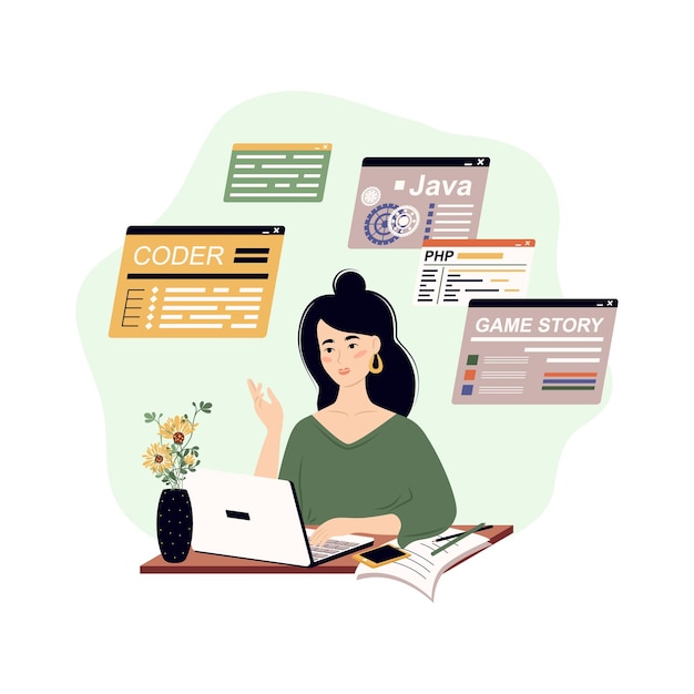 Vector programmer write software and create code concept of script coding and programming in php python