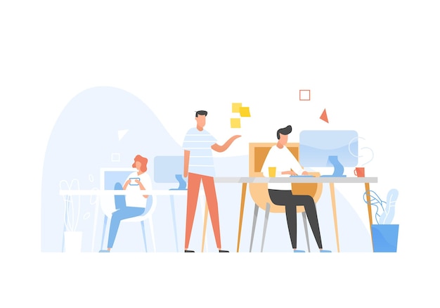 Vector programmers or coders working together. front-end and back-end software development and testing, programming or program coding. conversation between colleagues at work. flat vector illustration.