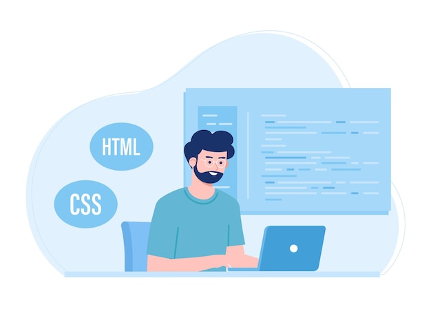 Vector programmers learn programming through computers on trendong concept flat illustration