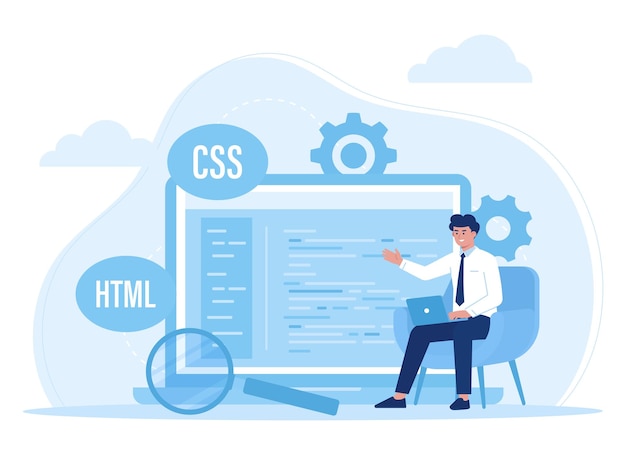 Vector programmers learn programming through computers on websites trending cocept flat illustration